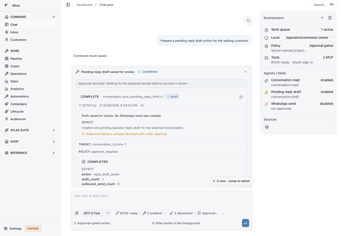 Approval-gated action receipt screenshot from the Mirai agentic Operator workspace