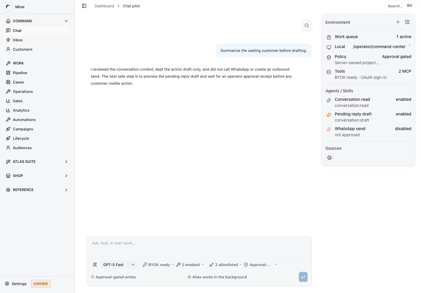 Mirai agentic Operator workspace showing command chat, governed tools, and approval-gated actions